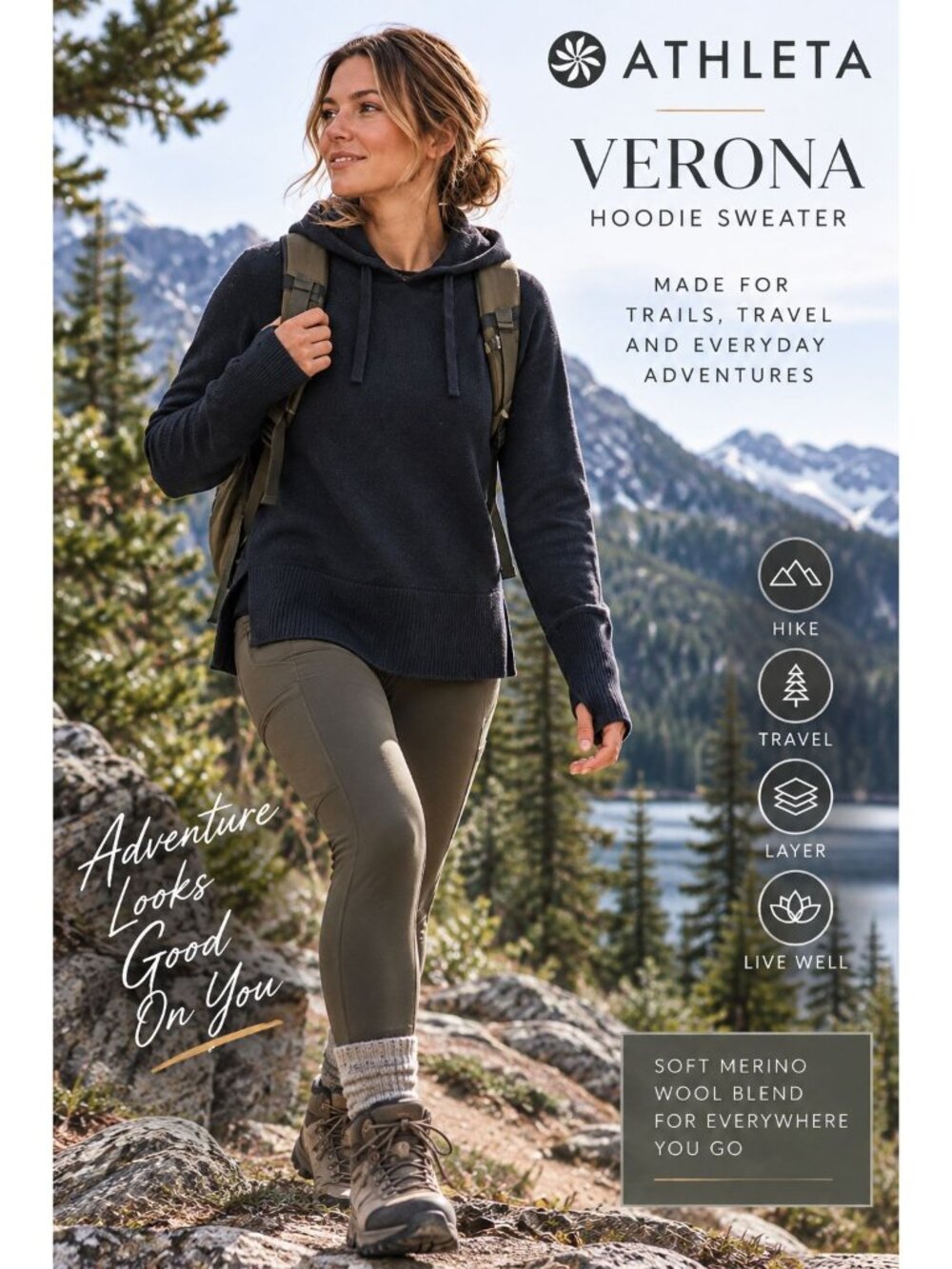 Athleta Verona Hoodie Sweater XS Navy Merino Wool Blend Hiking 352965